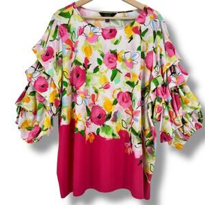 Slim Factor Investments Ruched Ruffle Sleeve Shirt Plus Size 1X Pink Green
